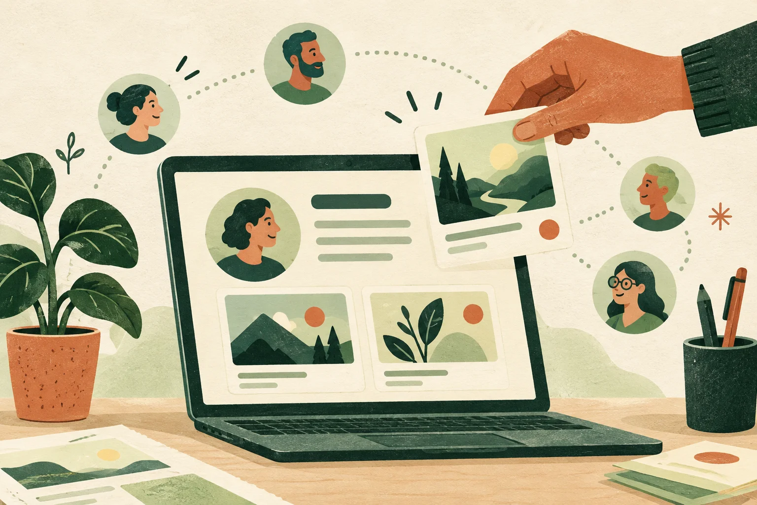Illustration of a maker adding a project card to a profile on a laptop, surrounded by other members of the community.
